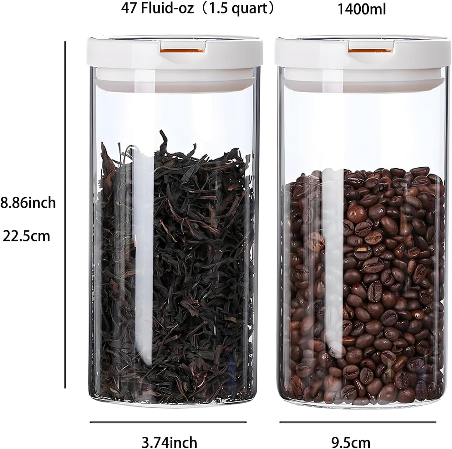 47 oz Glass Storage Containers with Lids, Glass Jars with Airtight Lids, Wide Mouth Mason Jars, Food Storage Container for Cookie Flour Oat Pasta Tea Coffee Bean (White 2 Pack)