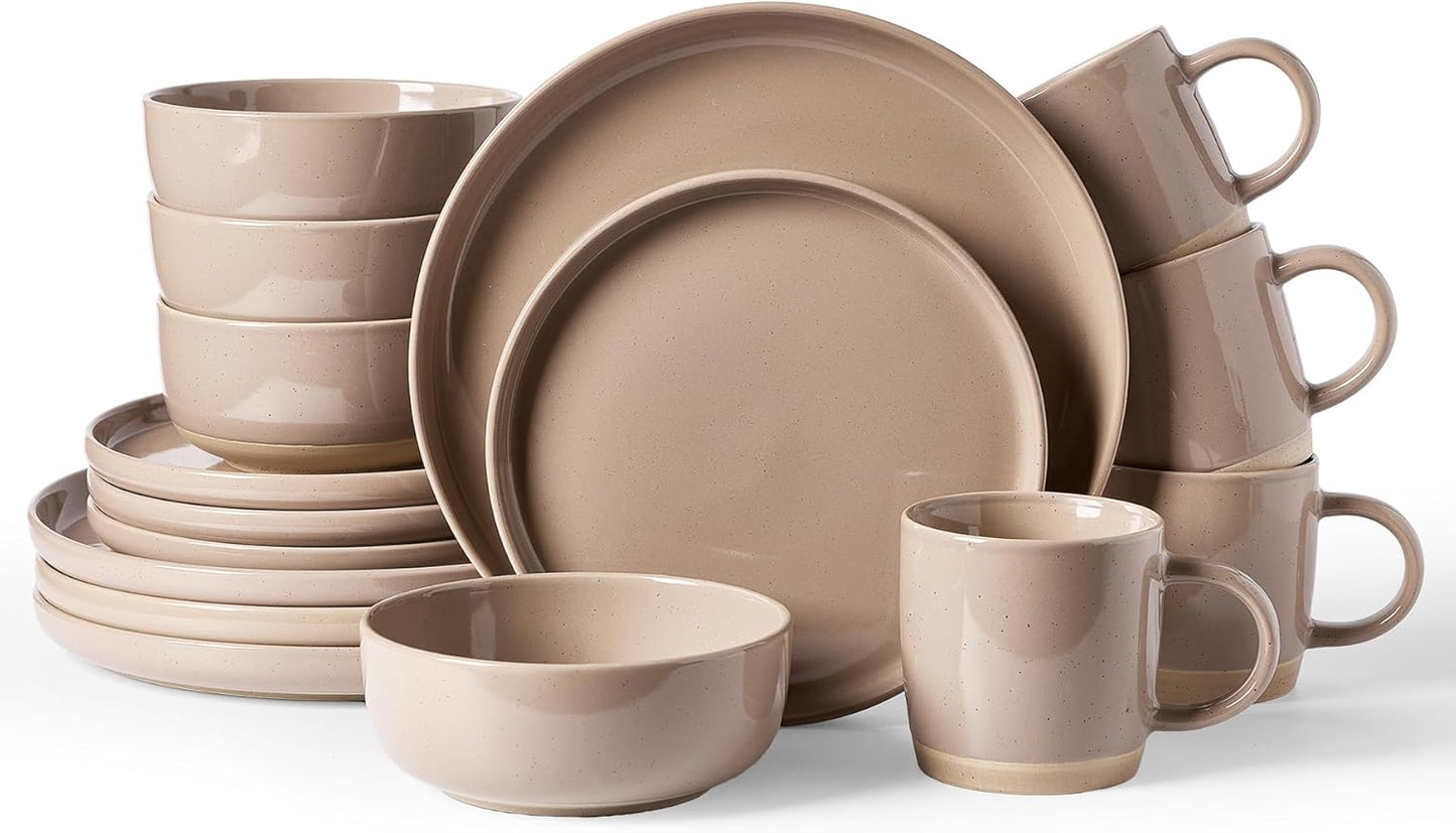 Famiware Milkyway Dinnerware Set with Mugs, Service for 4 (16pcs), Ribbed Stoneware Plates and Bowls Dishes Sets - Chip & Scratch Resistant, Microwave & Dishwasher Safe, Cinnamon Brown