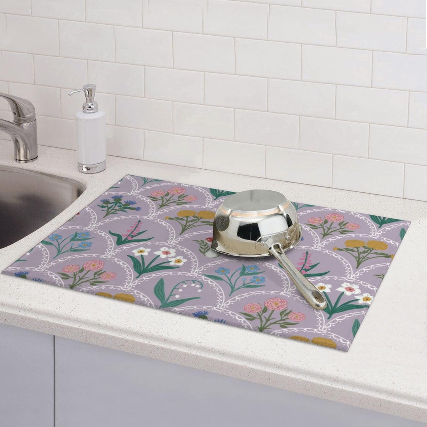Vintage Flowers Dish Drying Mat 18x24 Inch, Microfiber Absorbent Fast Dry Mat Mushroom Floral Large Dish Mat Drying Kitchen Mat, Kitchen Drying Pad for Kitchen Counter Coffee Bar Decor Gifts