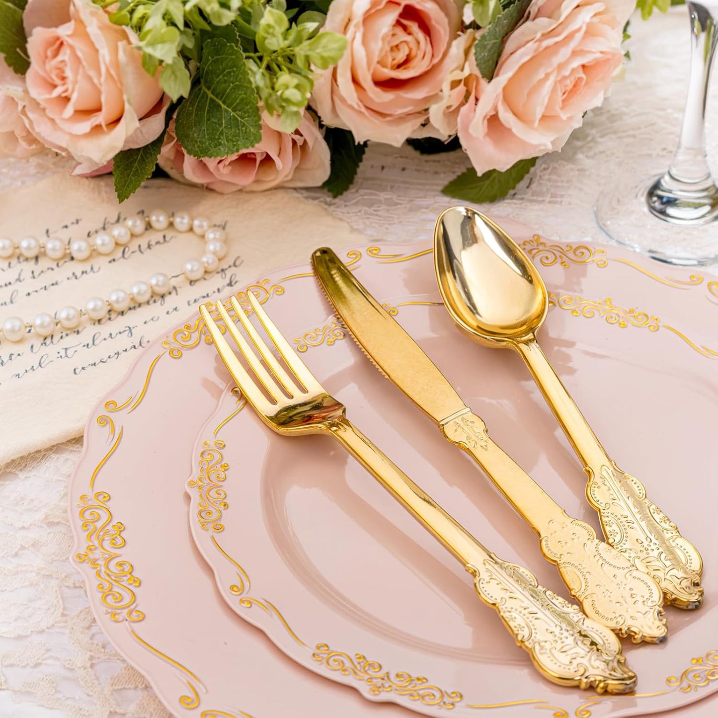 DaYammi 150Pcs Pink Gold Plastic Plates & Disposable Silverware, Pink Disposable Plates for Party Include 30 Dinner Plate,30 Dessert Plate,30 Knives,30 Forks,30 Spoons for Wedding Catering