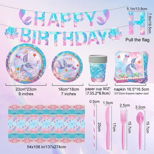 Mermaid Party Supplies Plates and Napkins Sets,Mermaid Birthday Decorations Disposable Plates for Baby Shower, Mermaids Theme Tableware with Cups, Tablecloth, Birthday Banner for Kids Girls, Serve 24