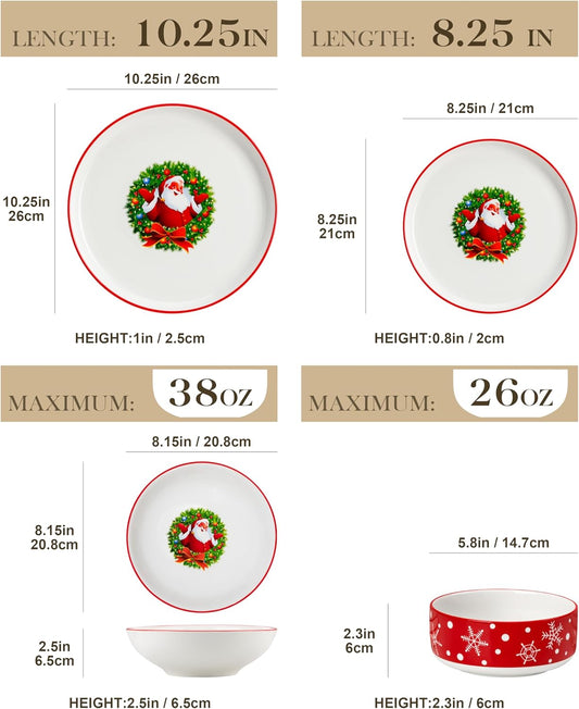 MALACASA Plates and Bowls Sets, 24 Pieces Christmas Porcelain Dinnerware Set for 8, Ceramic Dishware Dishes White Kitchen Dinner Dining Ware Set, Microwave and Dishwasher Safe, Series LUNA-Santa Claus