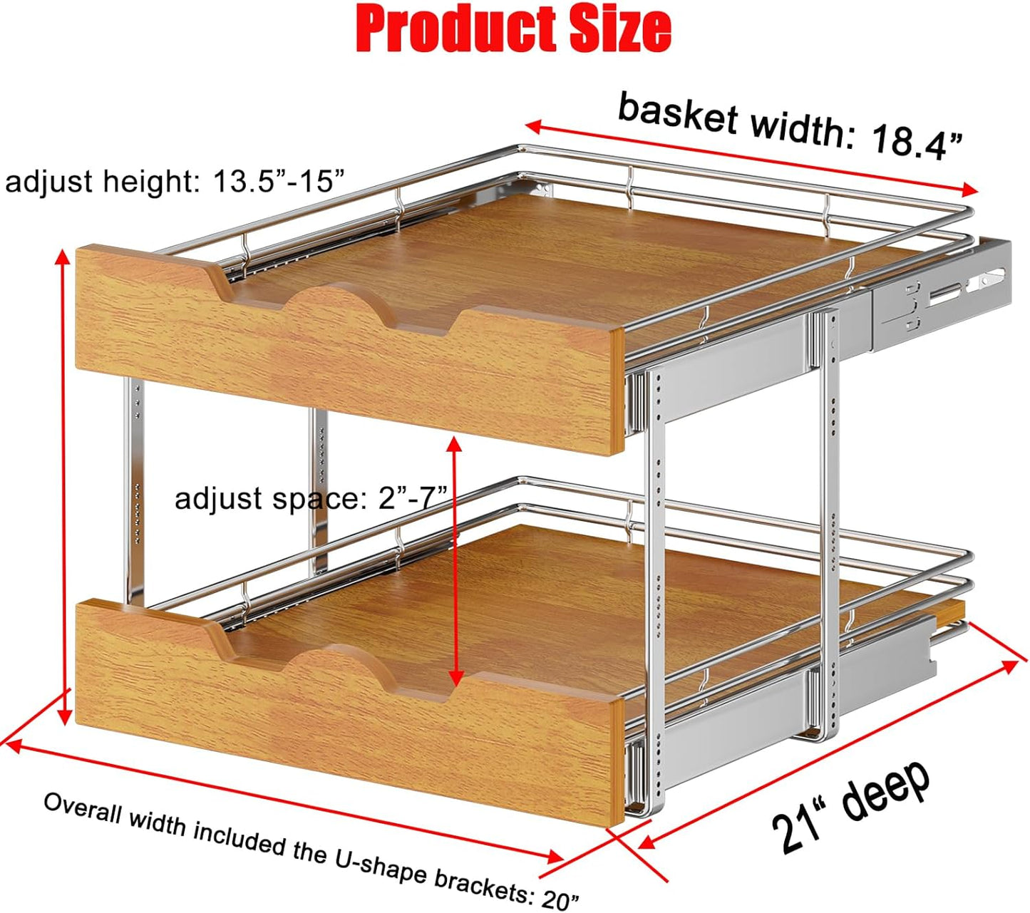 DINDON 2 Tier Pull Out Cabinet Organizer (20" W x 21" D) Slide Out Wood Shelf Double Tier Kitchen Wire Basket with Chrome Finish…