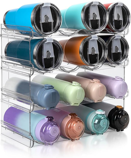 Stackable Water Bottle Organizer, Large Compartment Water Bottle Holder, 4 Tier Clear Water Bottle Organizer for Cabinet, Bottle Rack for Kitchen Organization and Storage - Hold 16 Bottles