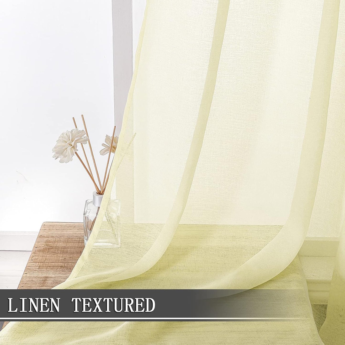 Tollpiz Sheer Curtain Linen Textured Living Room Curtains Sheer Light Filtering Rod Pocket Voile Curtain for Bedroom, 54 x 72 inches Long, Transparent Yellow, Set of 2 Panels