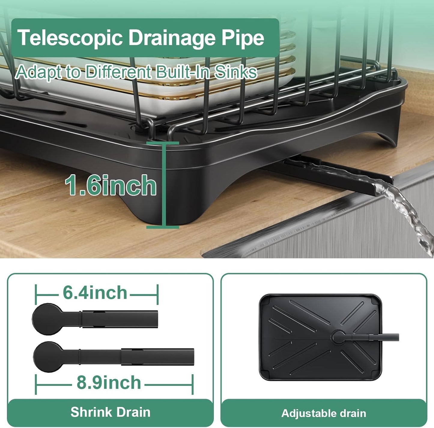 Dish Drying Rack, 2-Tier Large Dish Drying Rack for Kitchen Counter – Space Saving Dish Drainer Organizer with Utensil Holder and Cutlery Tray, Black