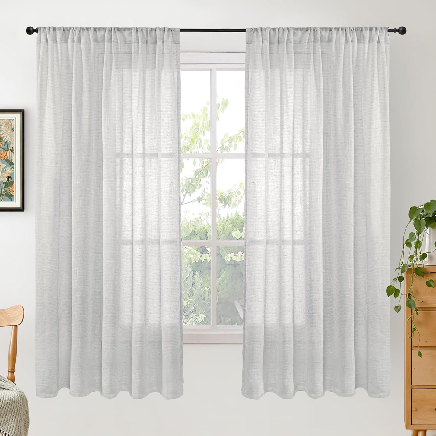 BGment Light Grey Linen Semi Sheer Curtains for Living Room - Rod Pocket Light Filtering Window Drapes Natural Textured for Bedroom Office Lightweight Rustic, 2 Panels Set, 52 X 63 Inch