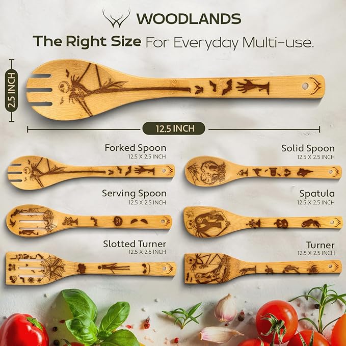 Wooden Spoons for Cooking - 6-Piece Wooden Utensil Set with Spatulas & Spoons, Heat-Resistant, Eco-Friendly Kitchen Utensils for Non-Stick Cookware (NightMare)