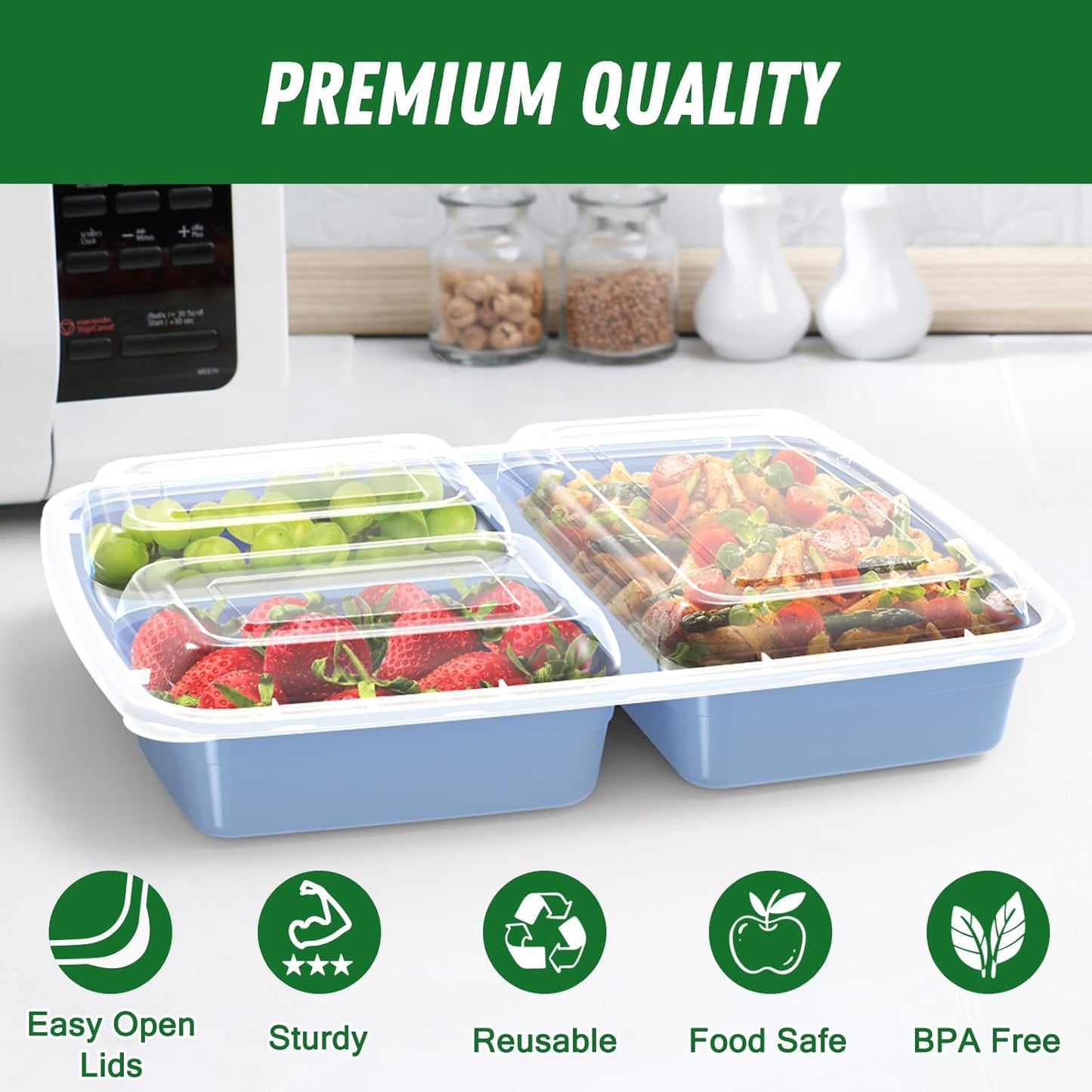 50 Pack (100-Piece) 32 oz Meal Prep Containers Reusable with Lids 3-Compartment, To Go Take Out Plastic Food Storage Containers, Sturdy Leakproof Food Safe, Microwave Freezer Dishwasher Safe, Blue