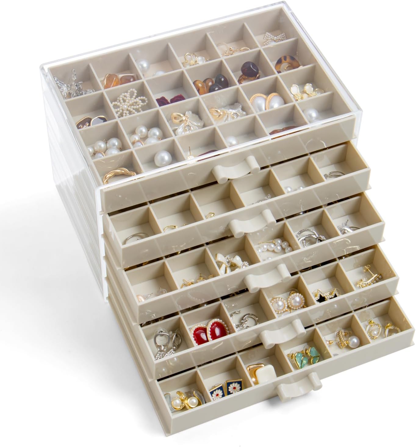 Earring Storage Box Organizer, Acrylic Jewelry Storage Box Holder 5 Drawers Transparent Jewelry Display Stand with 120 Small Compartments Gift Boxes for Women Girls (Beige)