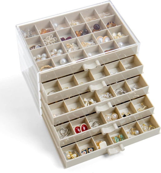 Earring Storage Box Organizer, Acrylic Jewelry Storage Box Holder 5 Drawers Transparent Jewelry Display Stand with 120 Small Compartments Gift Boxes for Women Girls (Beige)
