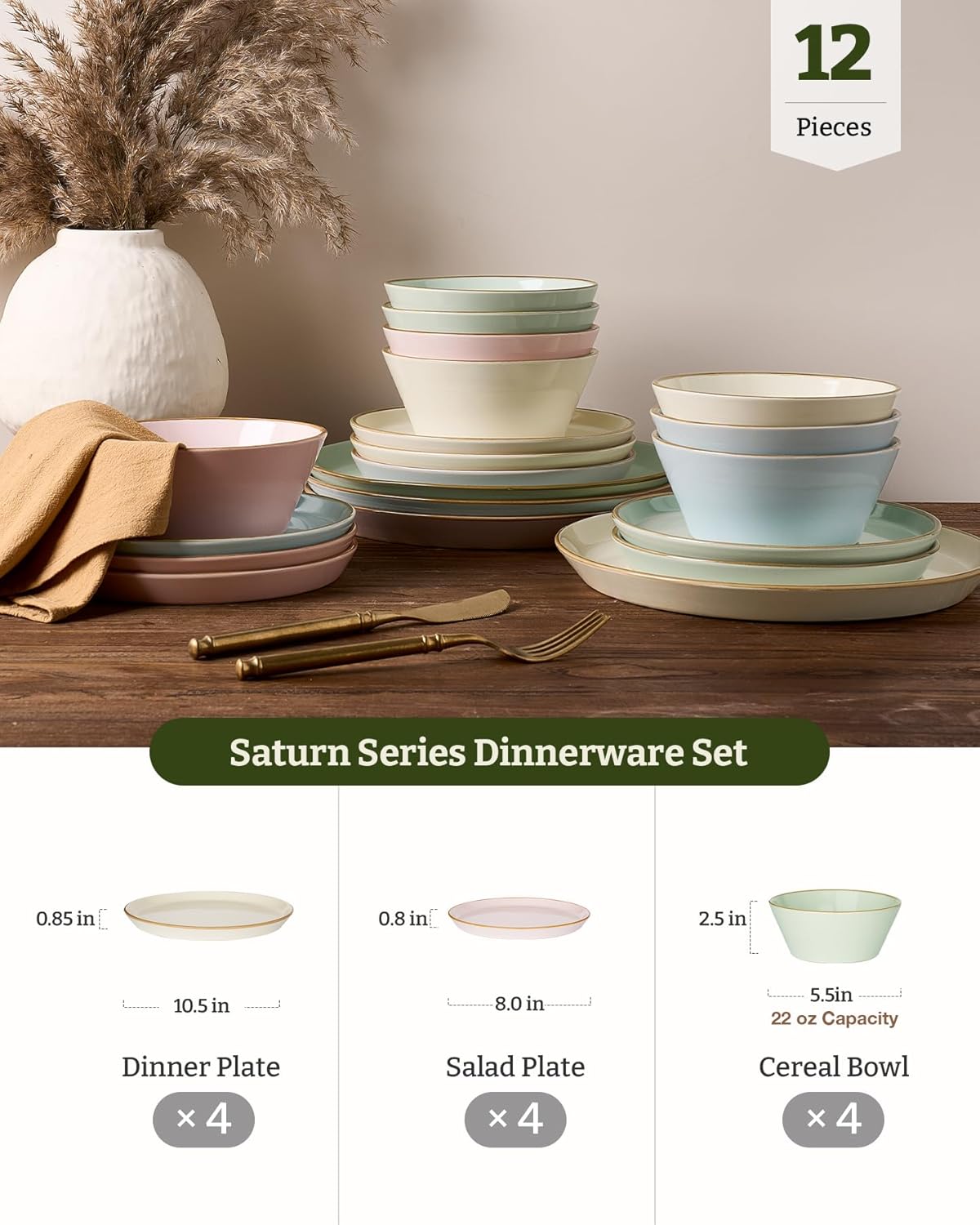 Famiware Saturn Dinnerware Sets, Plates and Bowls Sets for 4, 12 Pieces Stoneware Dish Set - Chip and Scratch Resistant, Microwave and Dishwasher Safe Tableware Set, Multi-color with Rim