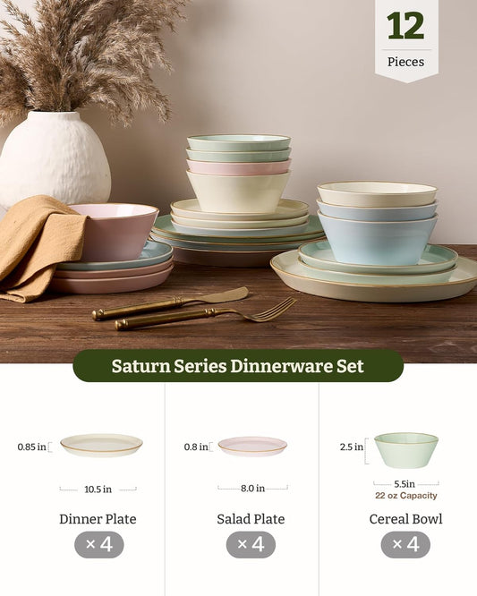 Famiware Saturn Dinnerware Sets, Plates and Bowls Sets for 4, 12 Pieces Stoneware Dish Set - Chip and Scratch Resistant, Microwave and Dishwasher Safe Tableware Set, Multi-color with Rim