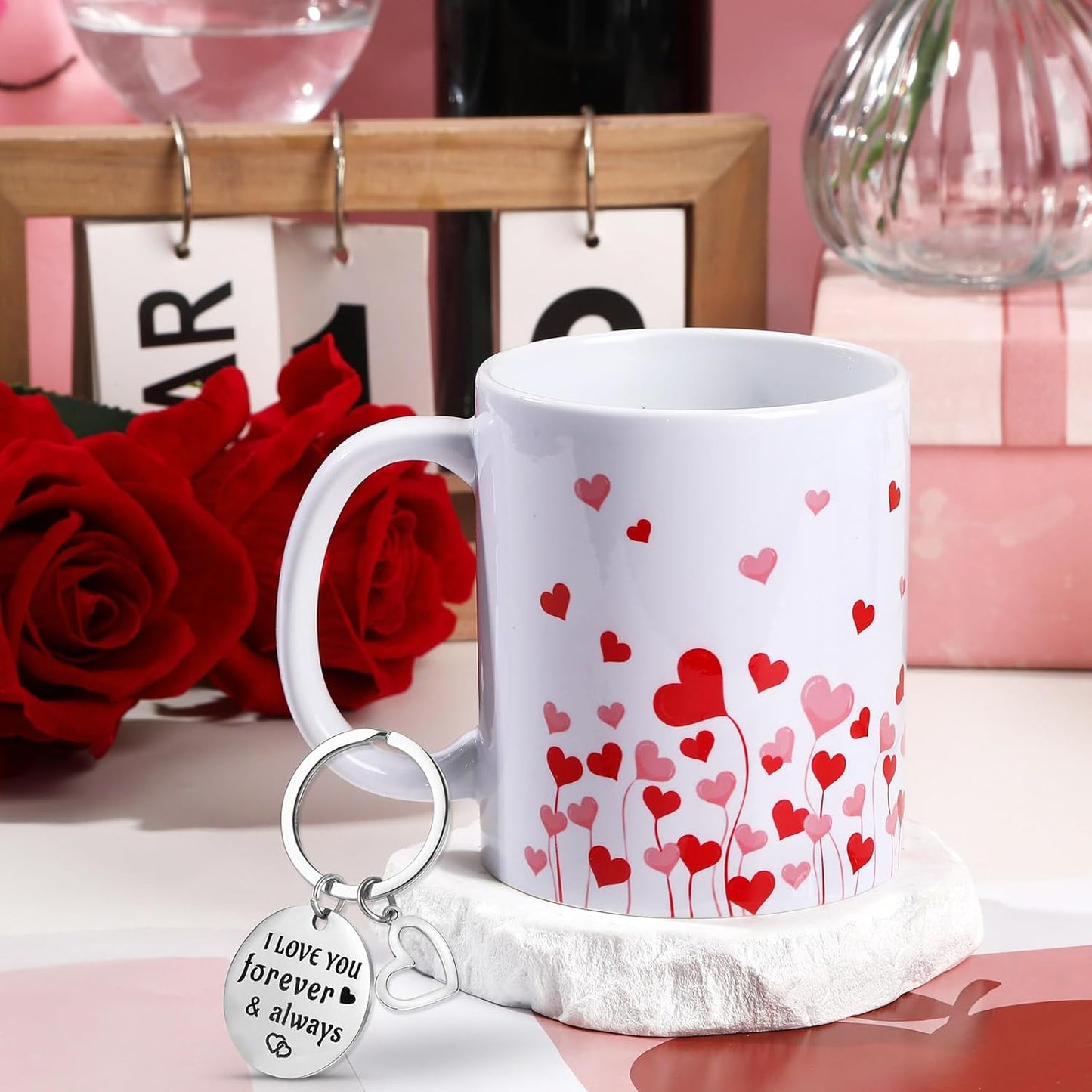 NOVWANG Valentines Day Coffee Mug, 12 OZ Love Heart Mug with Keychain Cute Valentines Day Gifts for Girlfriend Wife Boyfriend Husband Colorful Heart Saying Mugs for Anniversary Wedding
