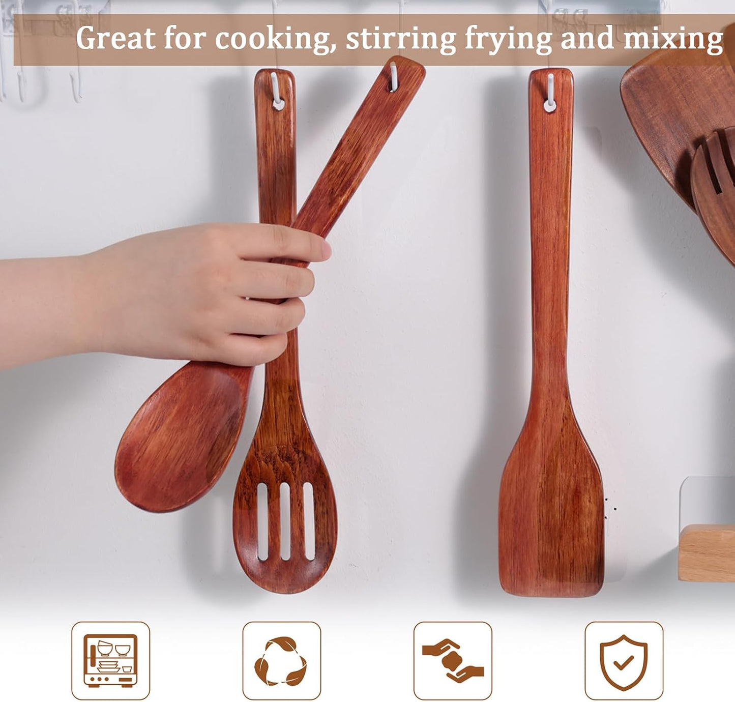 HANSGO Wooden Spoons for Cooking, 3PCS Wooden Kitchen Utensil Set, Wood Spatula Set for Stirring Frying Mixing Sauteing, Best Housewarming Gifts, 12inch