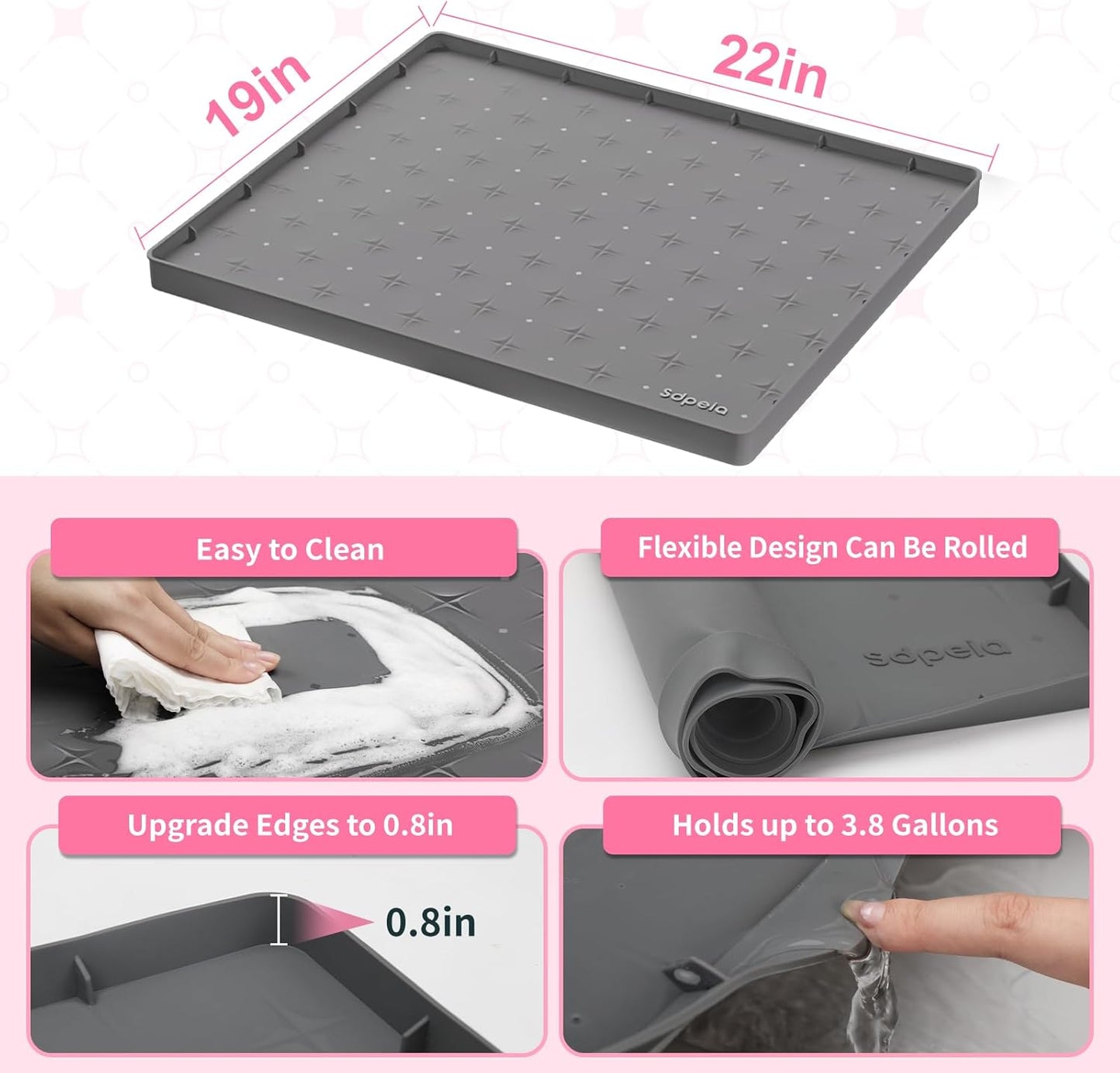 Sdpeia Under Sink Mat 22"×19" – Waterproof Silicone Cabinet Liner & Sink Protector for Kitchen & Bathroom, Multi-Purpose Organizers Tray for Pets, Laundry, Cat Litter Mat,Gray