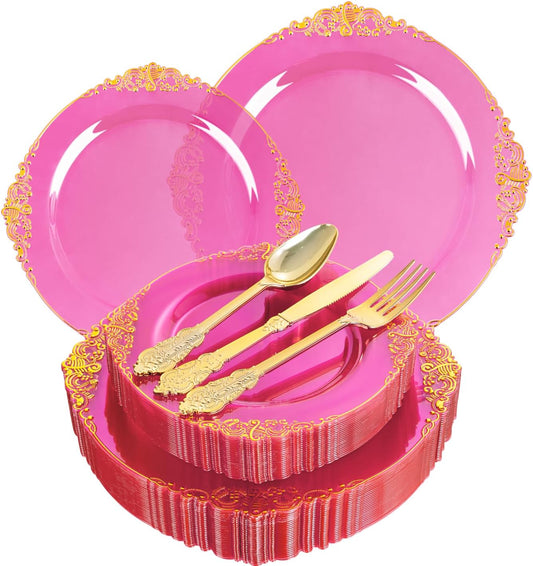 125PCS Hot Pink Plastic Plates - Clear Pink Gold Disposable Plates - Hot Pink Party Plate with Gold Plastic Silverware Set for 25 Guests for Wedding Party Birthday