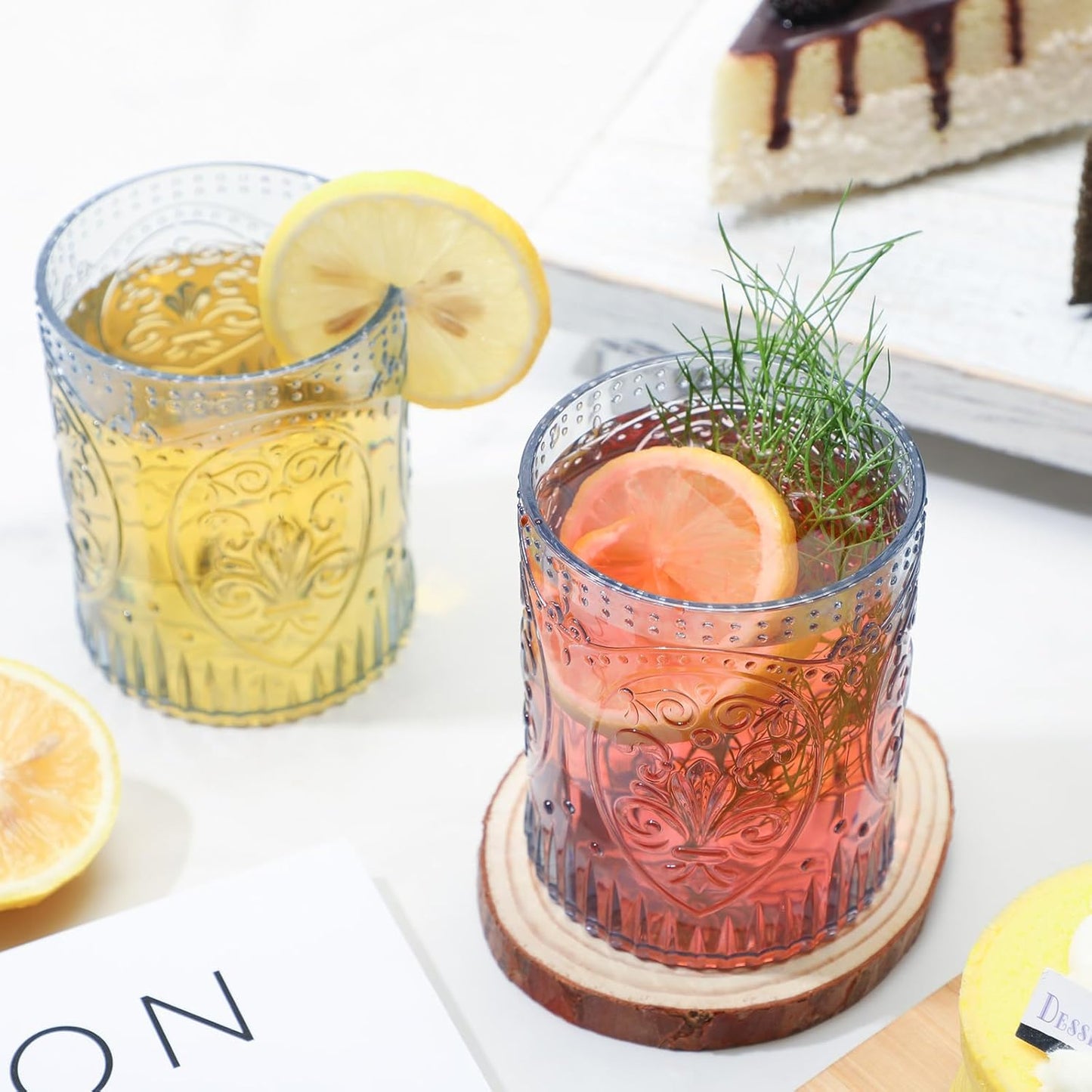 6 Plastic Vintage Drinking Glasses 8.5oz Stemless Retro Embossed Wine Glasses Shatterproof Reusable Cups for Baby Shower Wedding Reception Grand Event Party (Blue)