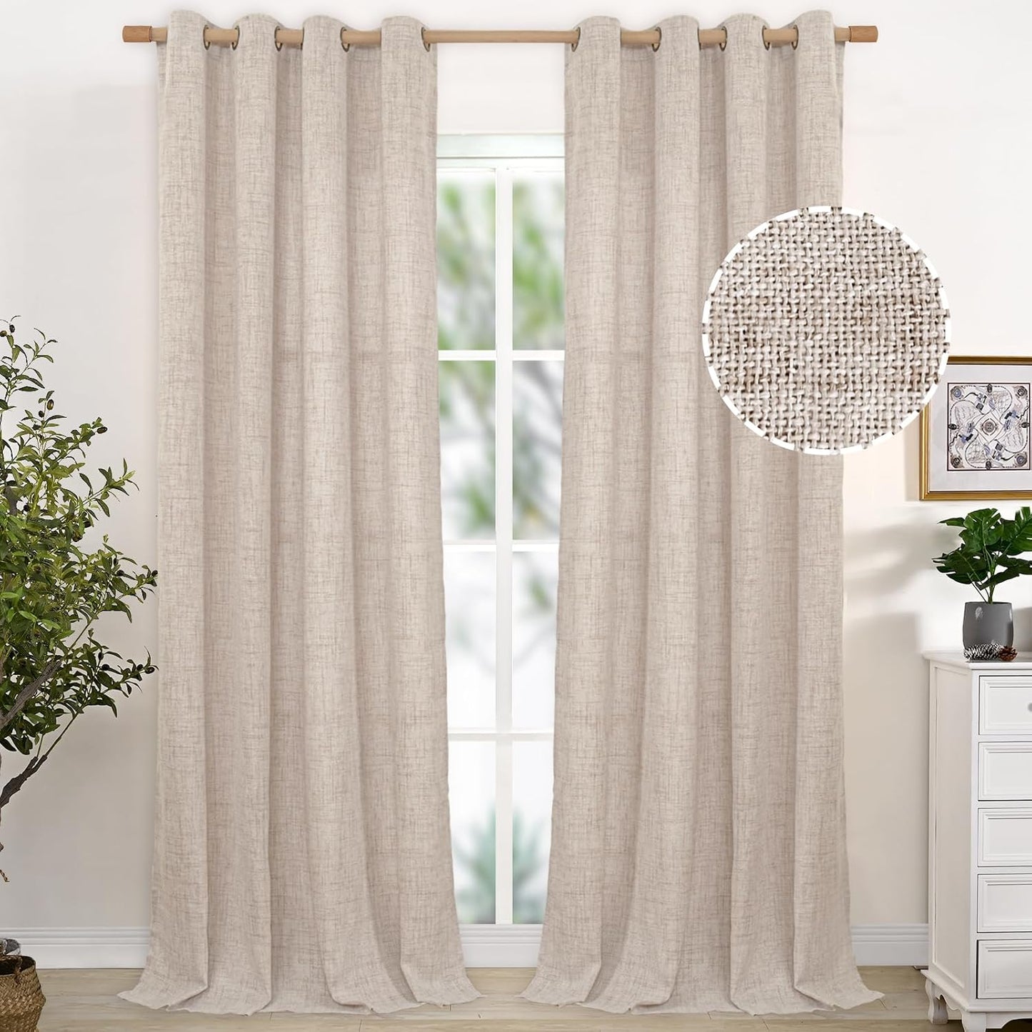 YoungsTex 95 Inches Long Linen Semi Sheer Curtains for Living Room 2 Panels - Light Filtering Drapes with Bronze Grommet Netural Floor Length Window Treatments or Bedroom, 52 X 95 Inch