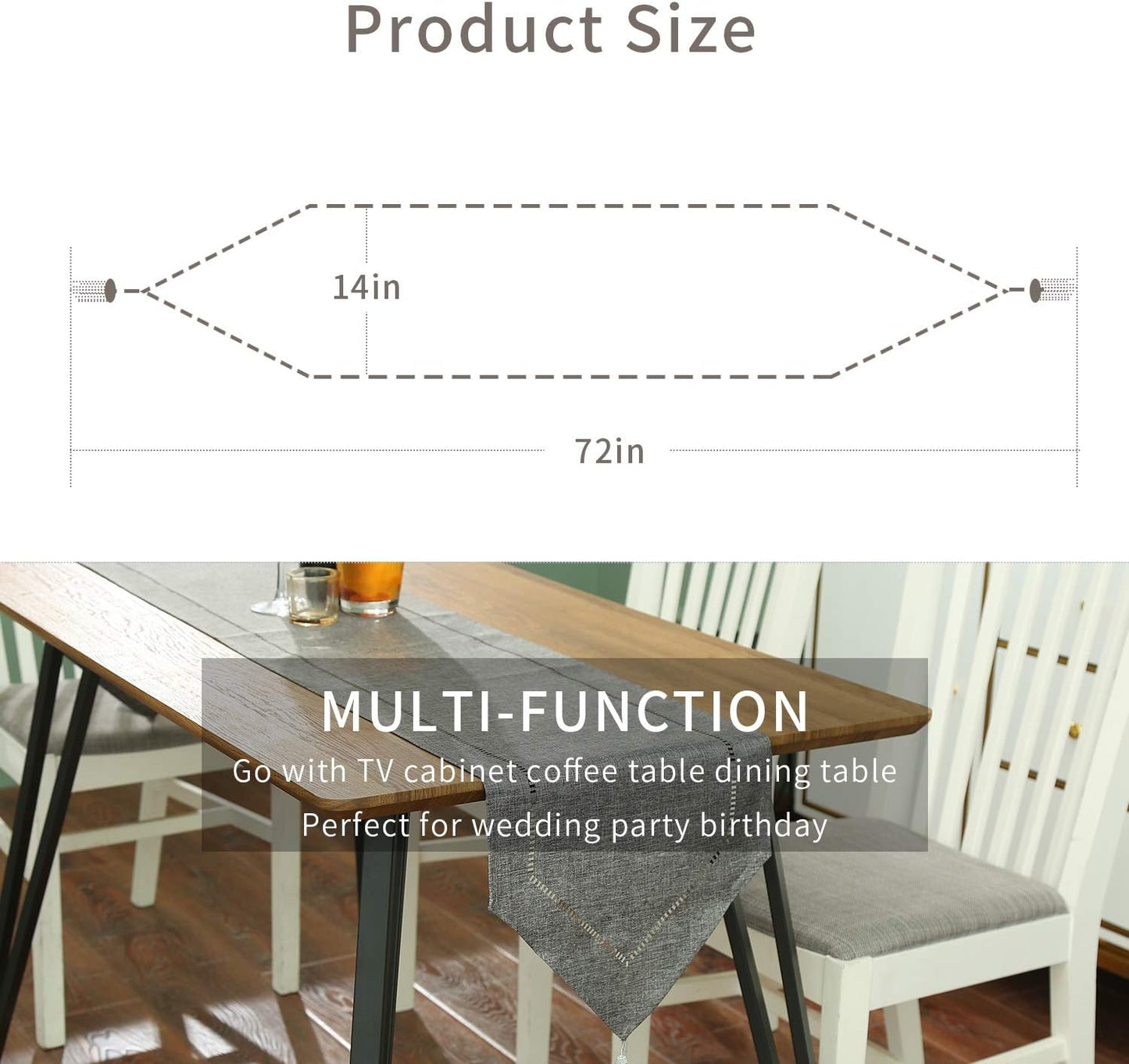 Tosewever Decorative Linen Table Runner with Tassels Tabletop Collection 14 x 72 Inches Table Runners for Everyday Dining Wedding Party Holiday Home Decor (14" x 72", Grey)