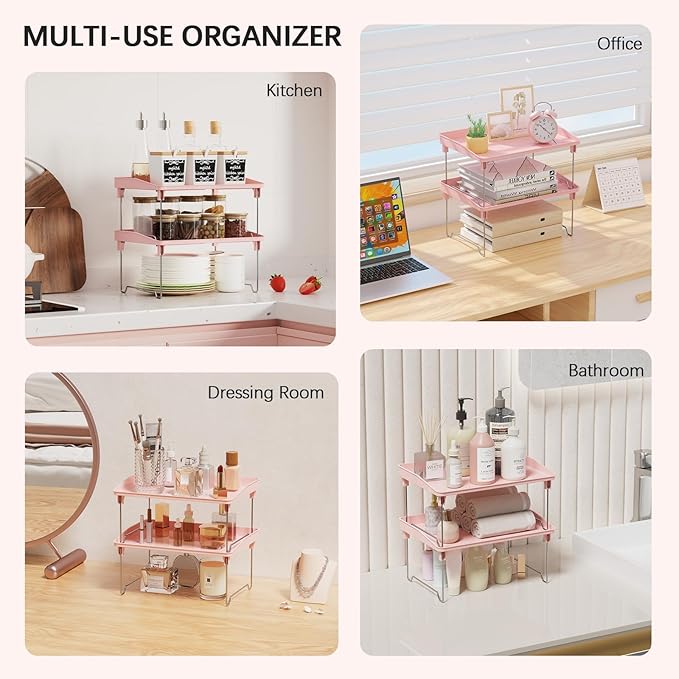 2 Pcs Cabinet Organizer Shelf，Stackable Kitchen Counter Shelves, Spice Rack,Countertop Organizers，Pink Plastic Storage Shelves Rack for Makeup，Bathroom, Cupboard，Desk，Pantry Organization