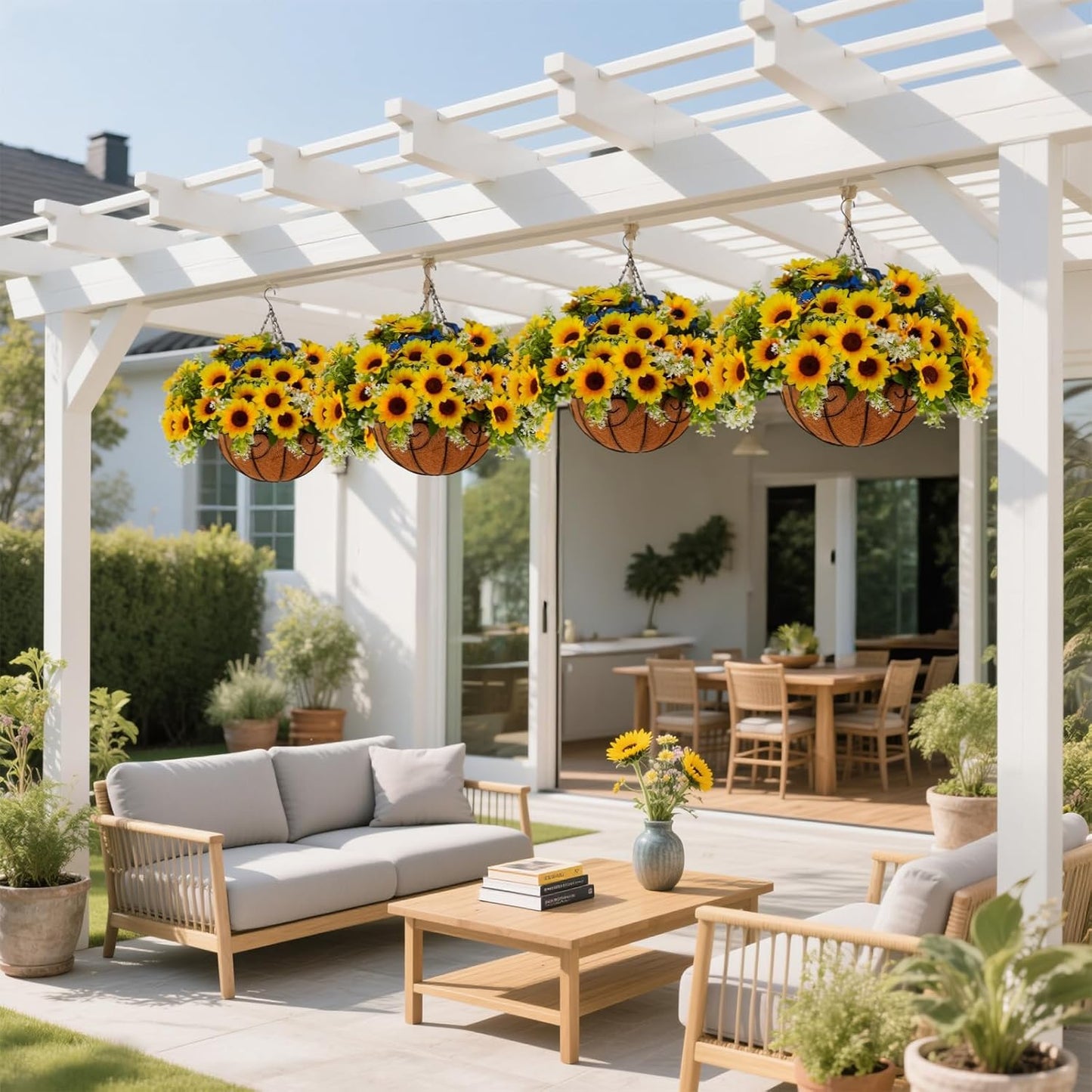 2 Pack Artificial Fake Fall Sunflower Plants Flowers for Outdoor Outside Decoration,12 Bundles Faux Silk Sunflowers UV Resistant Look Real No Fade for Front Door Porch Patio Yard Balcony Autumn Decor