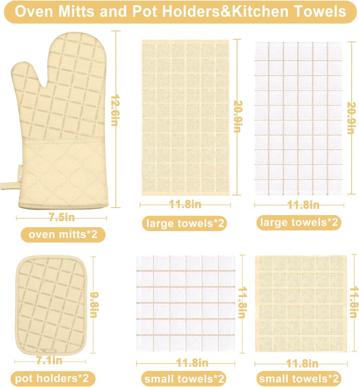 Oven Mitts Pot Holders Sets/Kitchen Towels and Dishcloths, Oven Gloves Kitchen Dish Towels 500 Degree Heat Resistant Potholders with Non-Slip Silicone Surface for Cooking, Grilling, Baking-Beige