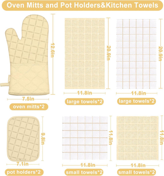 Oven Mitts Pot Holders Sets/Kitchen Towels and Dishcloths, Oven Gloves Kitchen Dish Towels 500 Degree Heat Resistant Potholders with Non-Slip Silicone Surface for Cooking, Grilling, Baking-Beige