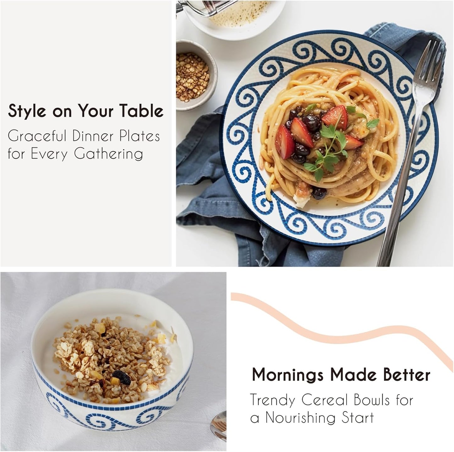 12-Piece Dinnerware Set for 4, Stoneware Kitchen Plates & Bowls Set, Coastal Dinnerware Sets, Microwave & Dishwasher Safe Scratch Resistant, Vintage Dishware Set for Everyday Use & Family Meals