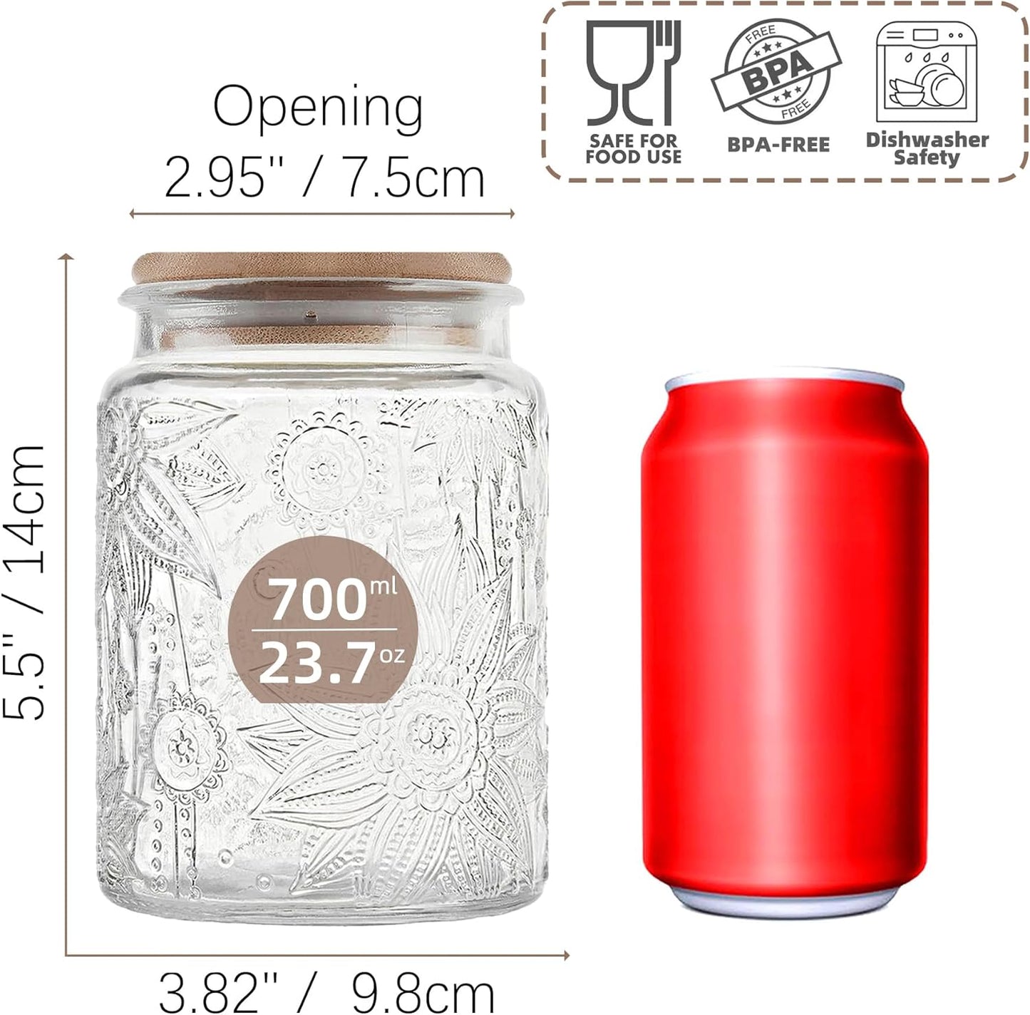 23.7 fl oz Airtight Glass Storage Jar with Bamboo Lid - Vintage Glass Jar Vintage Food Containers Canisters Set for Kitchen Counter, Ideal for Candy, Sugar, Coffee, Tea,Cute (Sunflower*1)