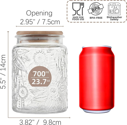 23.7 fl oz Airtight Glass Storage Jar with Bamboo Lid - Vintage Glass Jar Vintage Food Containers Canisters Set for Kitchen Counter, Ideal for Candy, Sugar, Coffee, Tea,Cute (Sunflower*1)