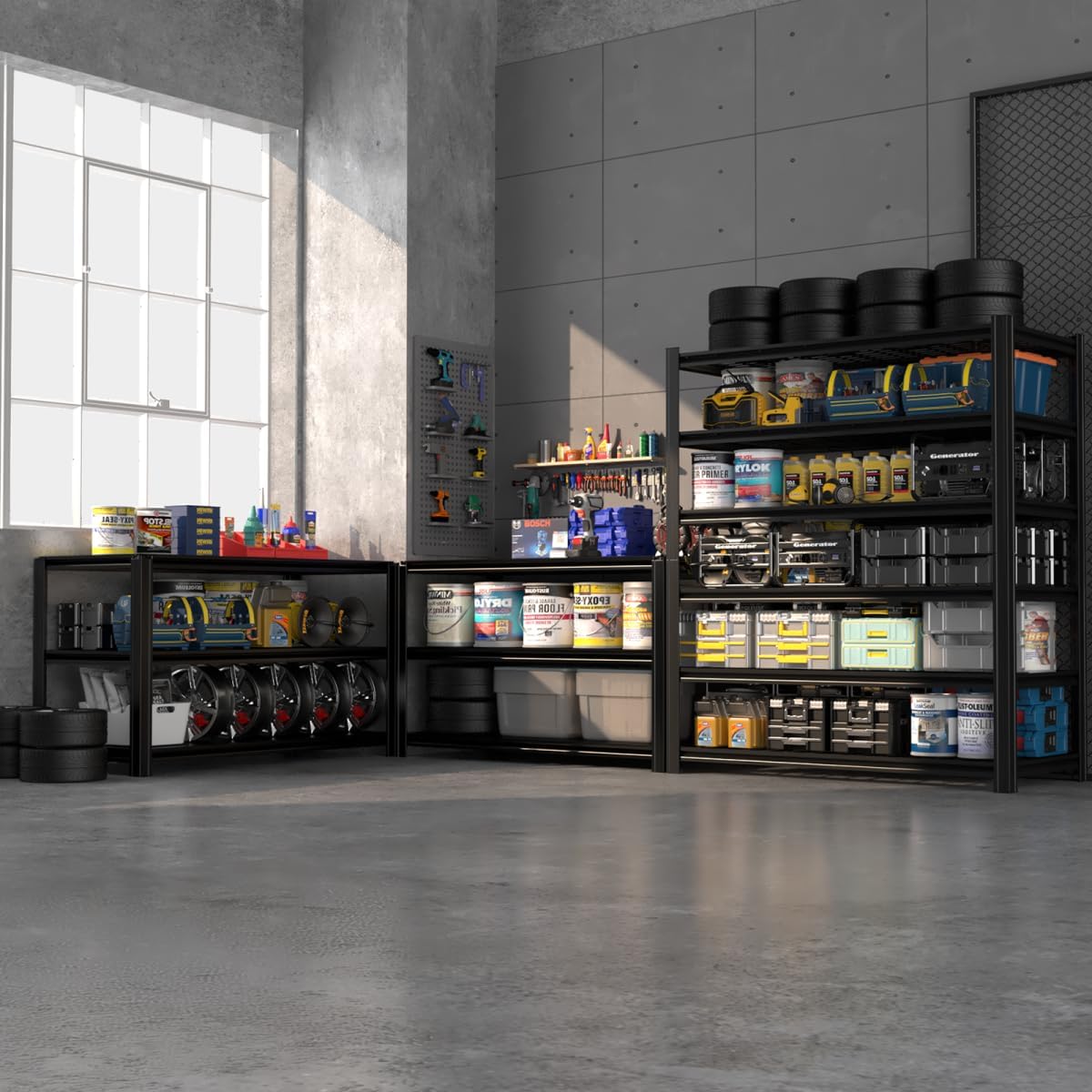 55.12" W Father&I 6-Shelf Industrial Adjustable Heavy-Dudy Tall Metal Garage Storage Shelves Shelving Units/Steel Wire Rack System (Commercial) for Basement/Shop, 84" H*55.12" W*24" D*, Black