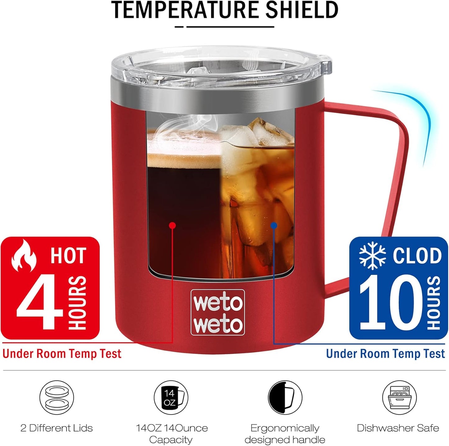 WETOWETO 14 oz Coffee Mug, Vacuum Insulated Camping Mug with Lid, Double Wall Stainless Steel Travel Tumbler Cup, Coffee Mugs Outdoor, Powder Coated Harvest Red