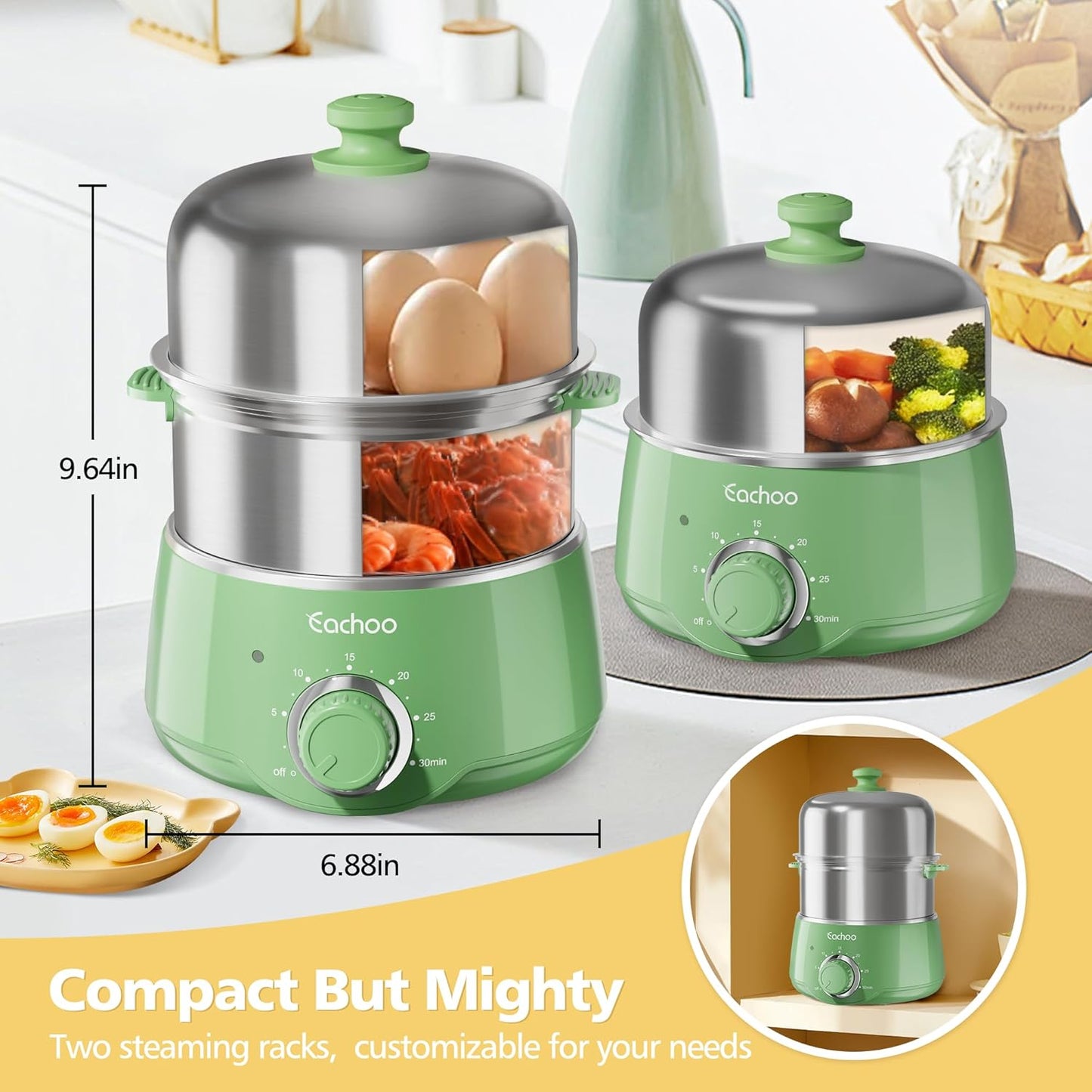 Hard Boiled Egg Cooker - CACHOO 14-Egg Rapid Stainless Steel Egg Boiler with 30-Min Timer & Auto Shut Off, Compact Electric Vegetable Steamer for Cooking, Dishwasher Safe, Retro Green