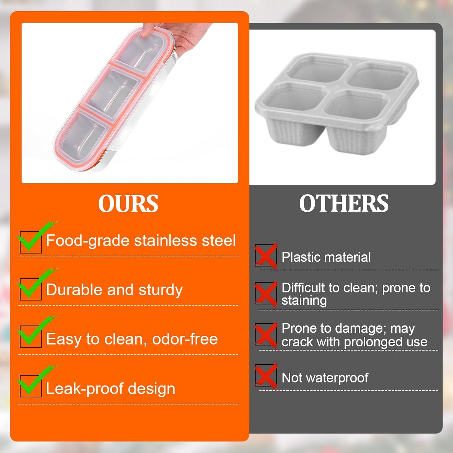Yolev 2 Pack Stainless Steel Snack Containers - Reusable 3 Compartment Condiment Box with Lids Dishwasher- Reusable Condiment Box for Snacks Dips and Outdoor Camping