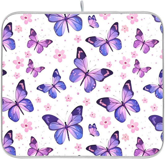 Pink Purple Butterfly Flower Dish Drying Mat for Kitchen Counter Absorbent Dish Drainer Mats Drying Pads 16"x18"