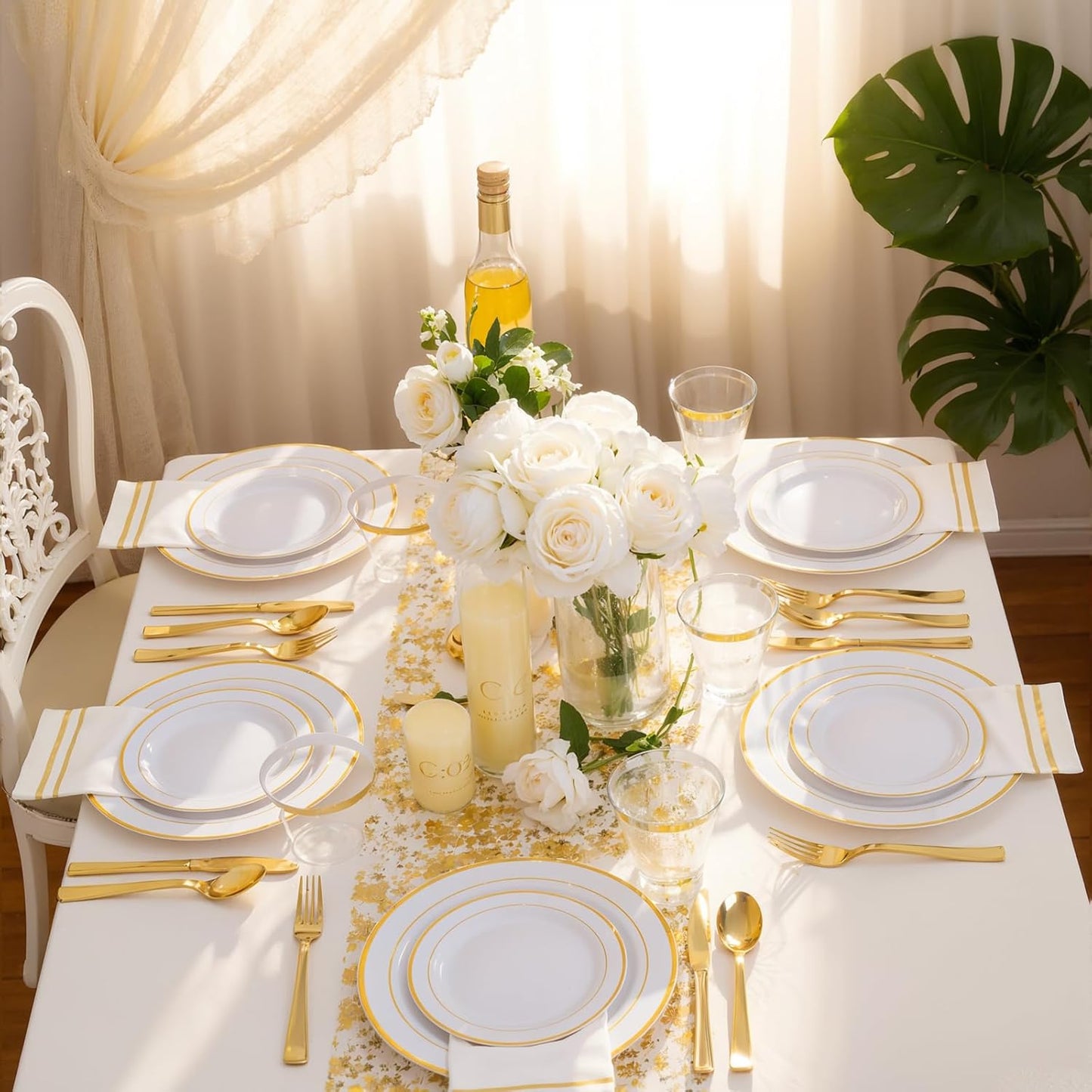 GATHER 700PCS Gold Plastic Plates - Whtie and Gold Disposable Dinnerware Sets 100Guest - 200 Disposable Plate, 300 Plastic Silverware, 100 Cups, 100 Napkins for Wedding & Party & Thanksgiving