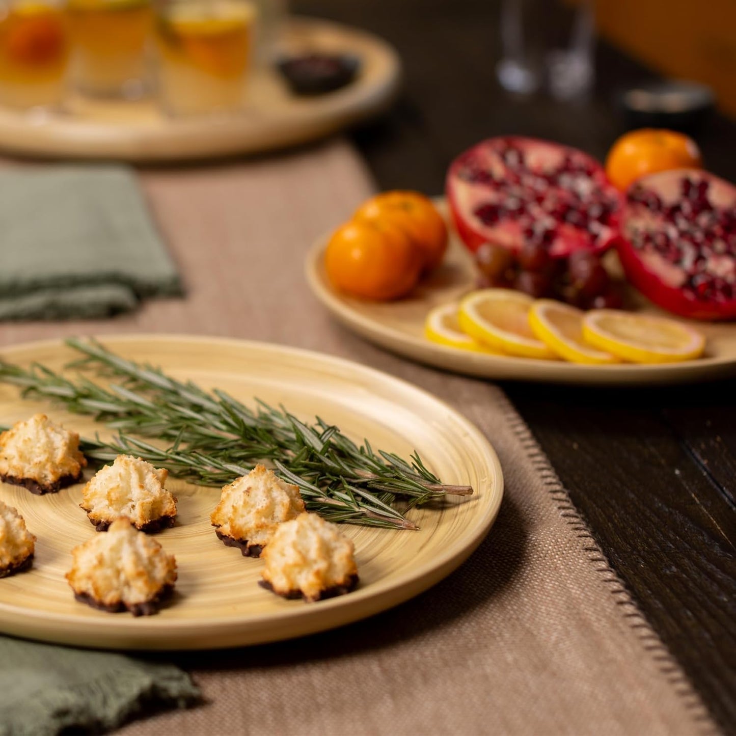 LEXA 12" Handcrafted 2PCs Bamboo Round Wooden Serving Tray For Serving Food - Small Wooden Tray For Ottoman Coffee Table Tray - Charcuterie Wood Trays Home Decor - Decorative Tray For Kitchen Counter