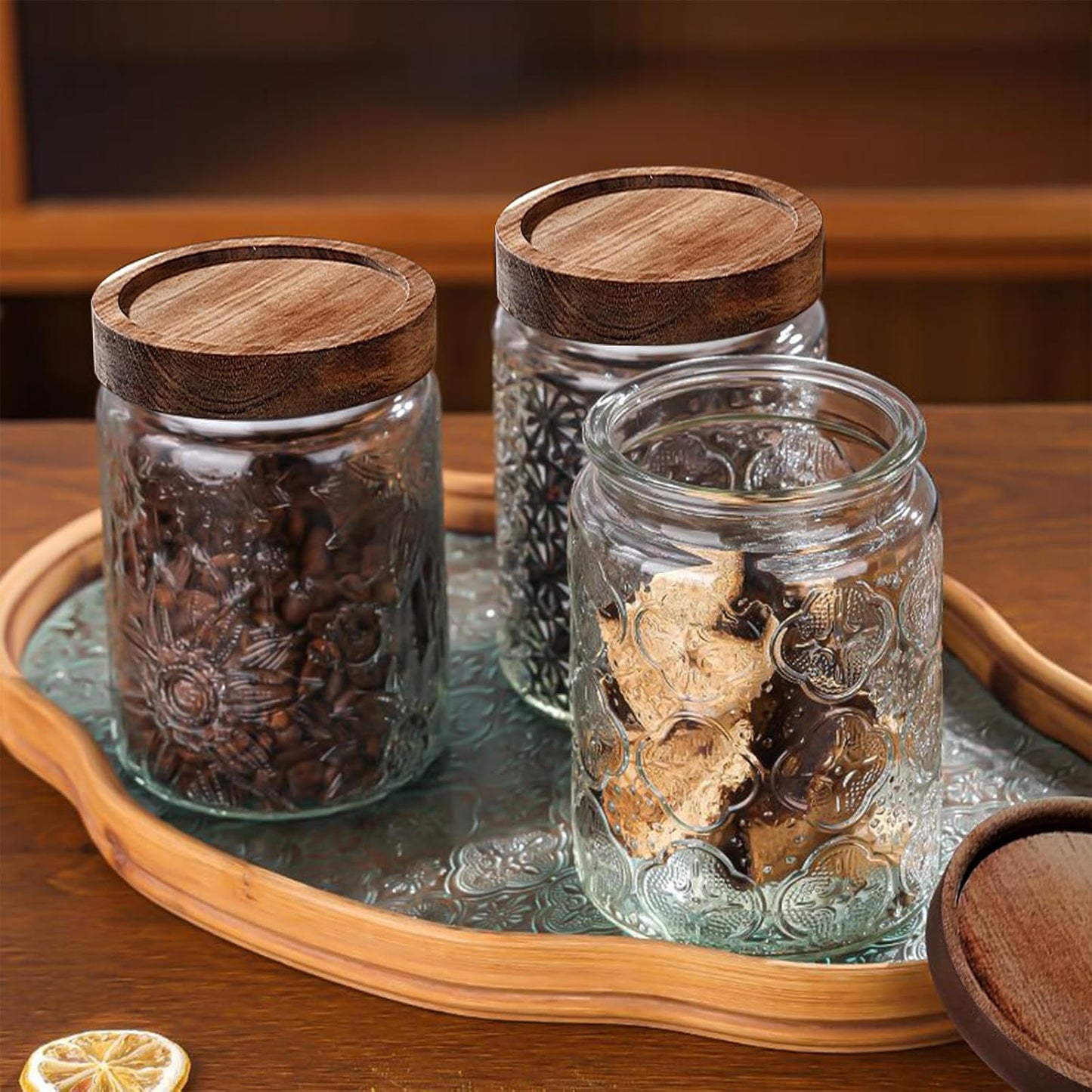 2-Pack 24 OZ Vintage Glass Jar with Lid, Airtight Food Storage Canisters with Bamboo for Kitchen Counter Pantry, Ideal for Coffee, Candy, Tea, Oats, Sugar, Cookies Decorative Jars