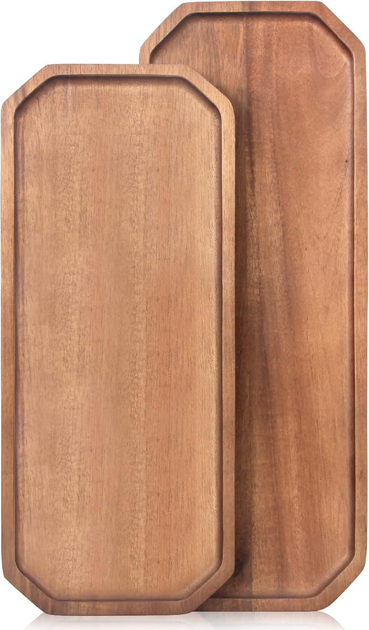 Renawe Set of 2 Wooden Serving Platters Food Tray Charcuterie Boards Large Acacia Wood Trays for Kitchen Counter Wood Charcuterie Platter Dish Candle Tray Fruit Cheese Serving Board