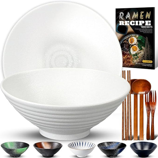 9.4Inch Ceramic Ramen Bowl Set of 2 (9 Piece) - Porcelain Japanese Salad Noodles Cereal Fruit Pasta Soup Large Bowls with Recipes Chopsticks Forks Spoons for Men Women Gift Microwave Dishwasher Safe