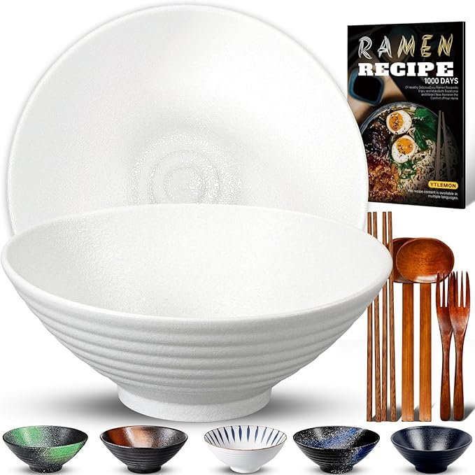 8-Inch Ceramic Ramen Bowl Set of 2 (9 Piece) - Porcelain Japanese Salad Noodles Cereal Fruit Pasta Soup Large Bowls with Recipes Chopsticks Forks Spoons for Men Women Gift Microwave & Dishwasher Safe