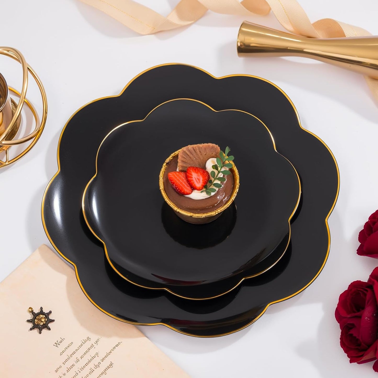 60pcs Black Disposable Plates with Gold Rim Heavy Duty Scalloped Plastic Birthday Plates Wedding Disposable Dinnerware Includes: 30 Dinner and 30 Dessert Plate,Perfect for Party Ceremony and Camping