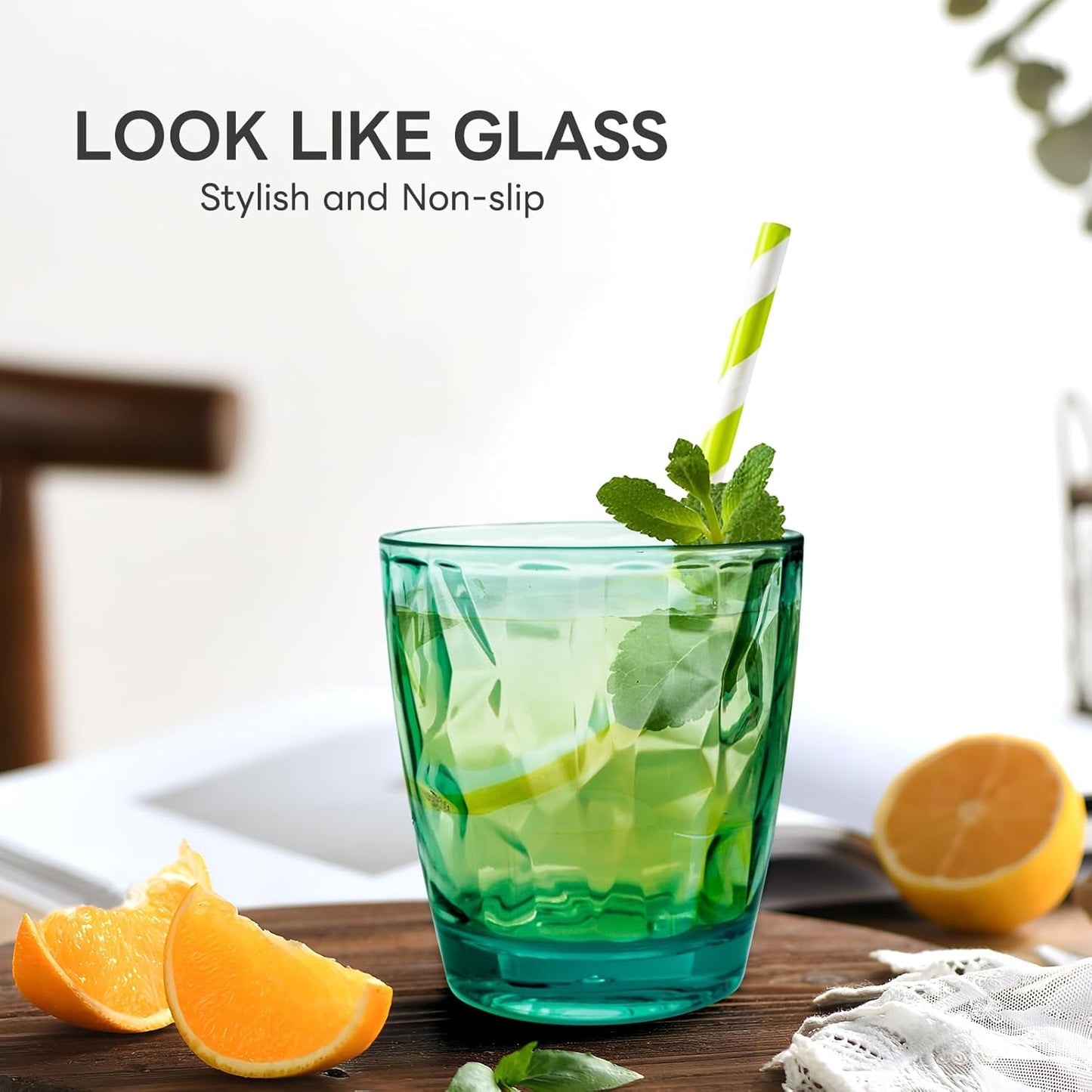 Topsky 10 oz Plastic Water Tumblers | Set of 4 Transparent Unbreakable Drinking Glasses Clear Acrylic Reusable Juice Wine Cups for Home Picnic Party, Dishwasher Safe, Stackable (Light Green)