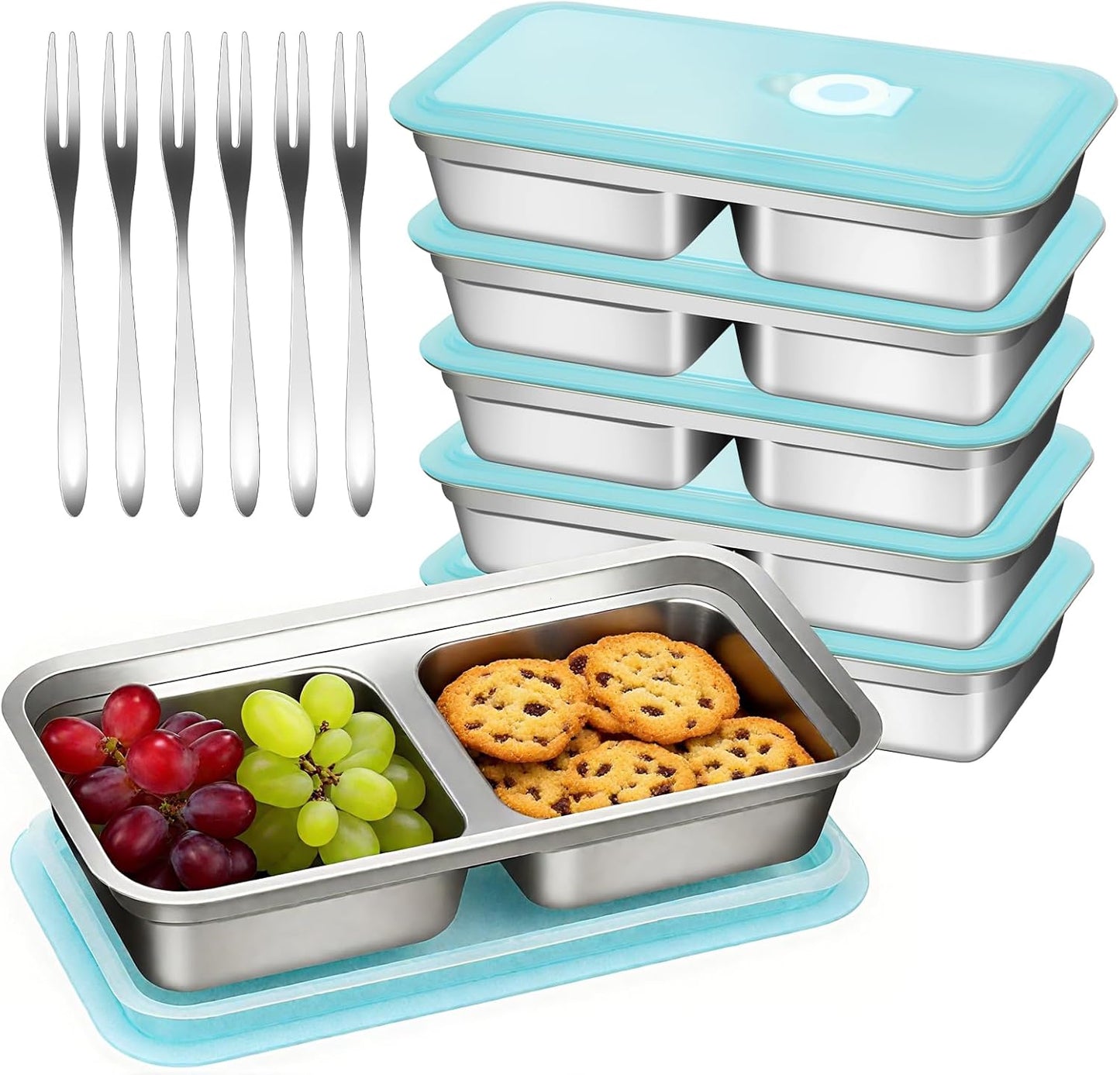 Stainless Steel Snack Containers with Lids - Reusable 2 Compartment Stainless Steel Bento Lunch Box, Food Storage, 6 Pack with Forks, Leak Proof, Dishwasher-Safe, Grab and Go for Work, Camping, Travel