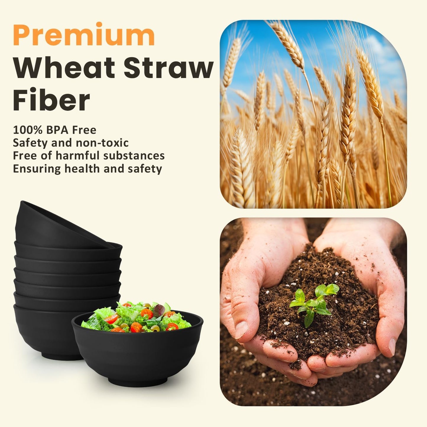Homienly 60 OZ Salad Bowls,Large Soup Bowls Set of 8,Wheat Straw Bowl Sets,Unbreakable Large Serving Bowls,Big Cereal Bowl for Kitchen, Salad, Soup, Microwave and Dishwasher Safe Bowl - Black
