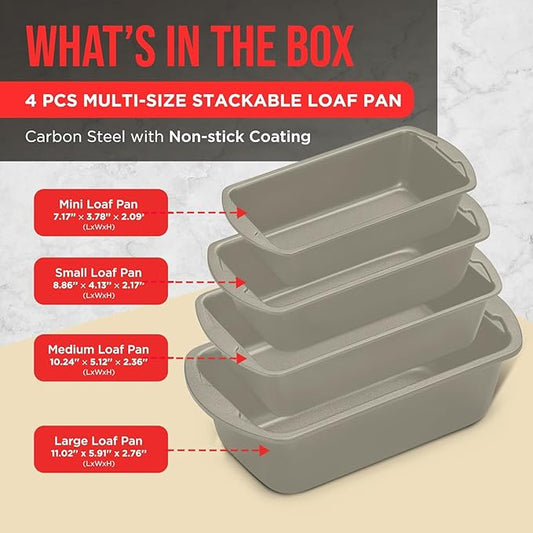Nonstick Loaf Pan Set Pack of 4, 7" to 11" Large Baking Bread Pan, Oven Safe Up to 450°F, PFOA, PFOS, PTFE Free, Space Saving Stackable Design, Stain Resistant, Dishwasher Friendly, White Marble