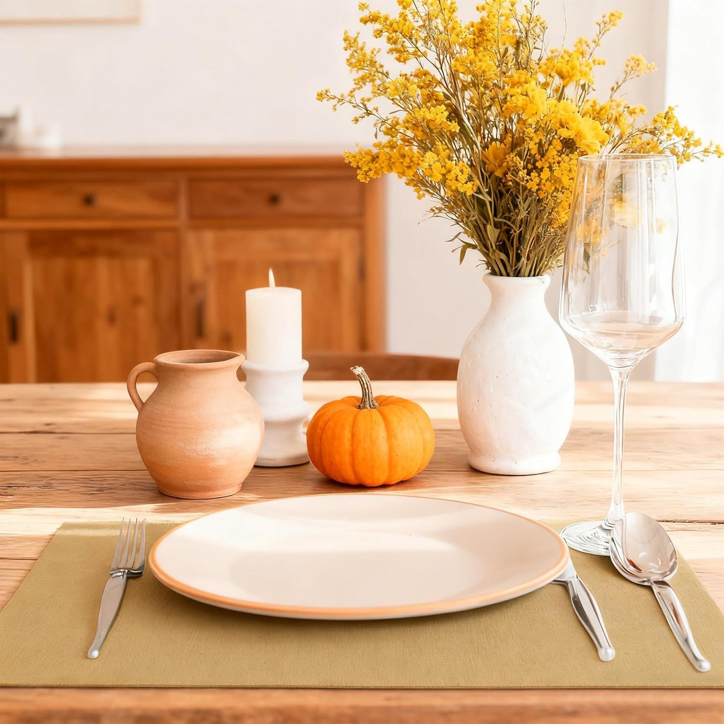 MANSPHIL Fabric Placemats Set of 6 Faux Linen Table Mats Thick Cloth Place Mats Heat Resistant Double Layer Wrinkle Free Dining Kitchen Table Decor - 13x19 Inch Khaki Oeko Tex Placemat