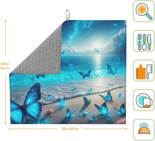 Blue Butterfly Beach Dish Drying Mat 16x18 Inch, Microfiber Absorbent Fast Dry Mat Large Dish Mat Drying Kitchen Mat, Kitchen Drying Pad for Kitchen Counter Coffee Bar Decor Gifts