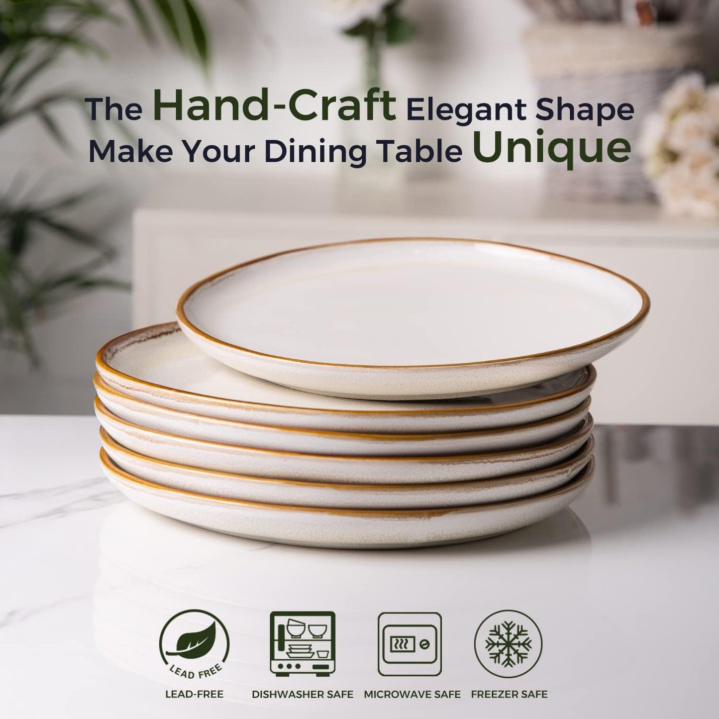AmorArc Ceramic Dinner Plates Set of 6, 10.5 Inch Handmade Reactive Glaze Stoneware Plates,Large Rustic Shape Dinnerware Dish Set for Kitchen, Microwave & Dishwasher Safe,Scratch Resistant-Pearl White